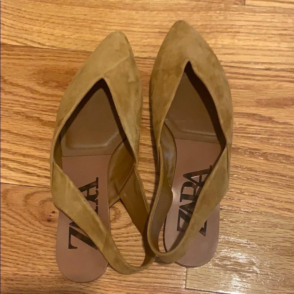 Zara tan suede sling back closed toe flats